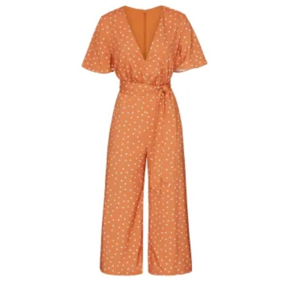 Stylestalker Retro Laurel Golden Brown White Polka Dot V-Neck Cropped Jumpsuit